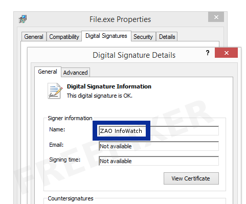 Screenshot of the ZAO InfoWatch certificate